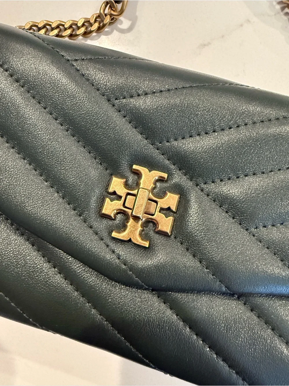 Tory Burch Quilted Leather Chain Shoulder Bag - Deep Green with Gold Hardware
